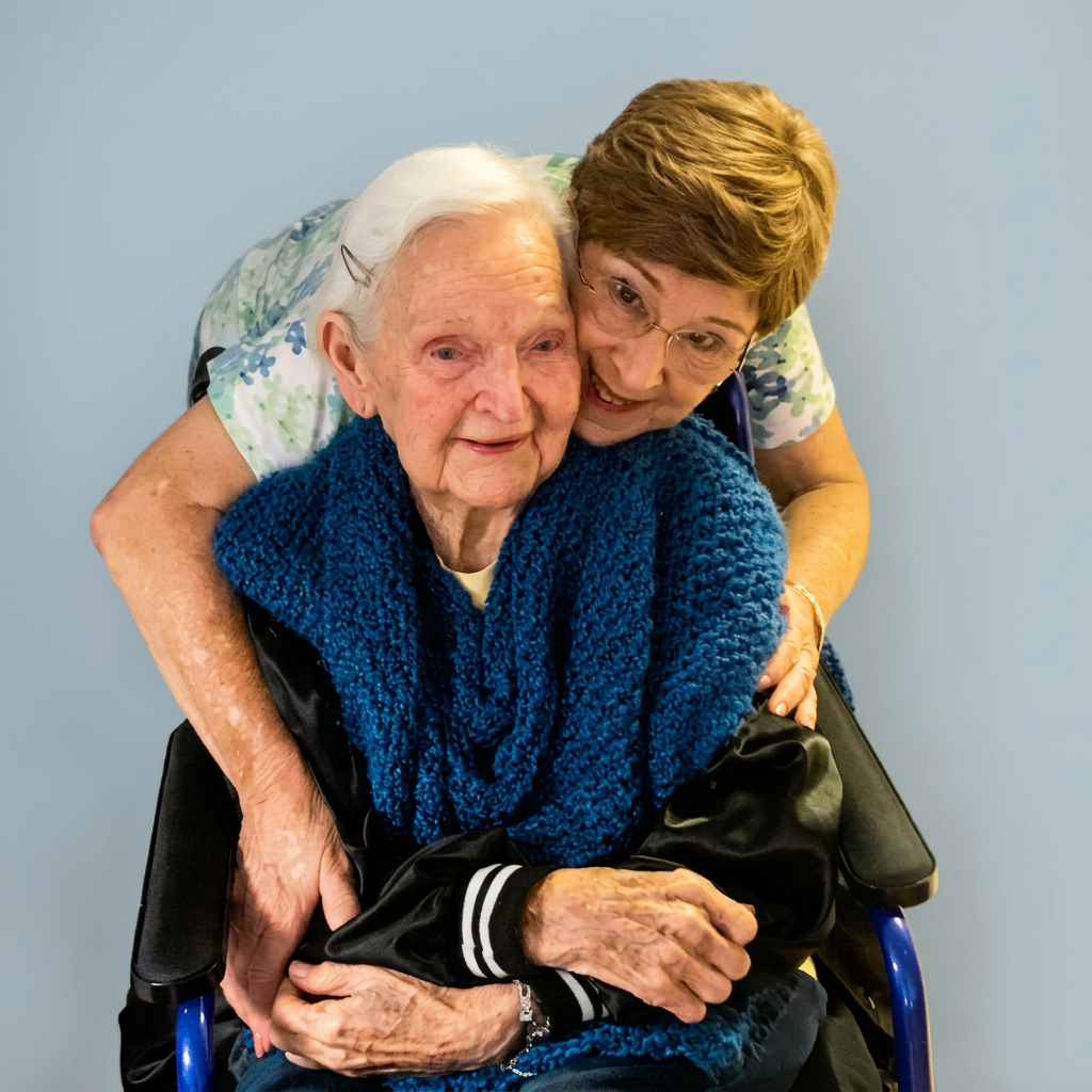 Caregiver embracing elderly woman with love and compassion