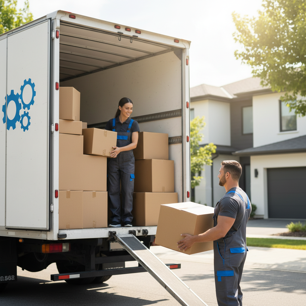 Professional movers loading boxes into a truck