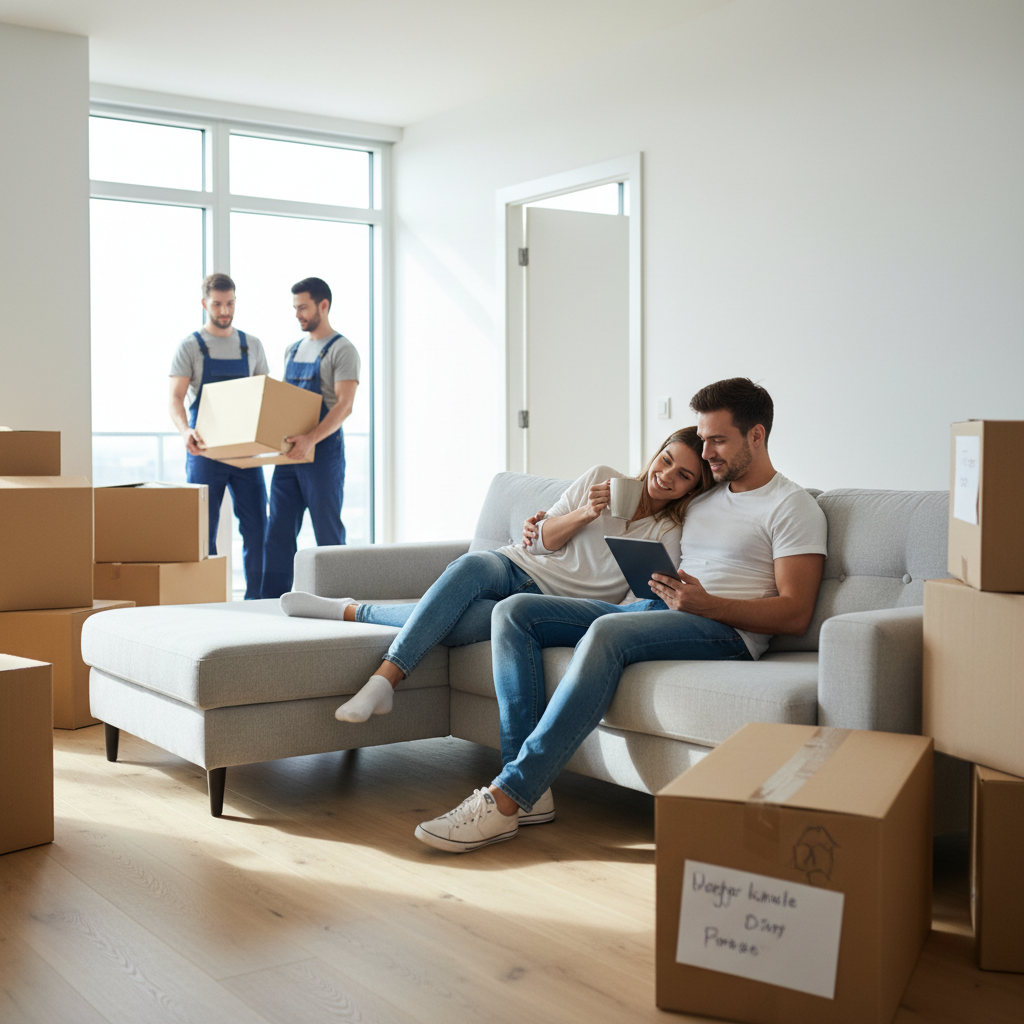 Couple relaxing during their move while movers carry boxes