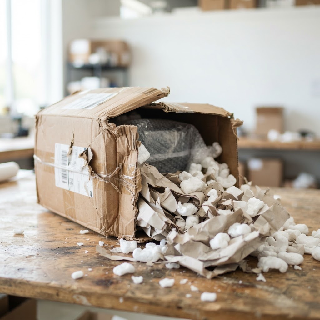 Damaged shipping box with broken cushioning materials spilling out