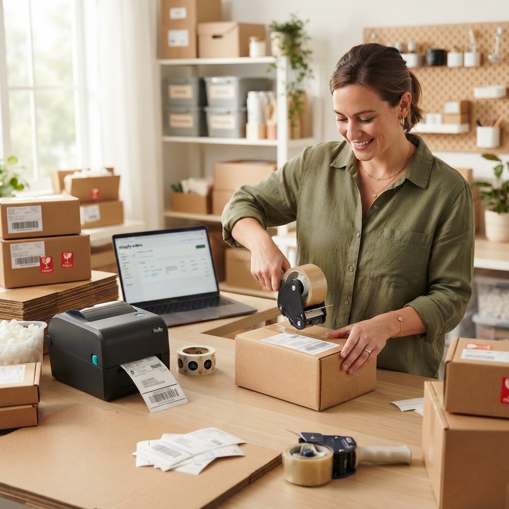 Small-business seller preparing labeled shipping orders with supplies