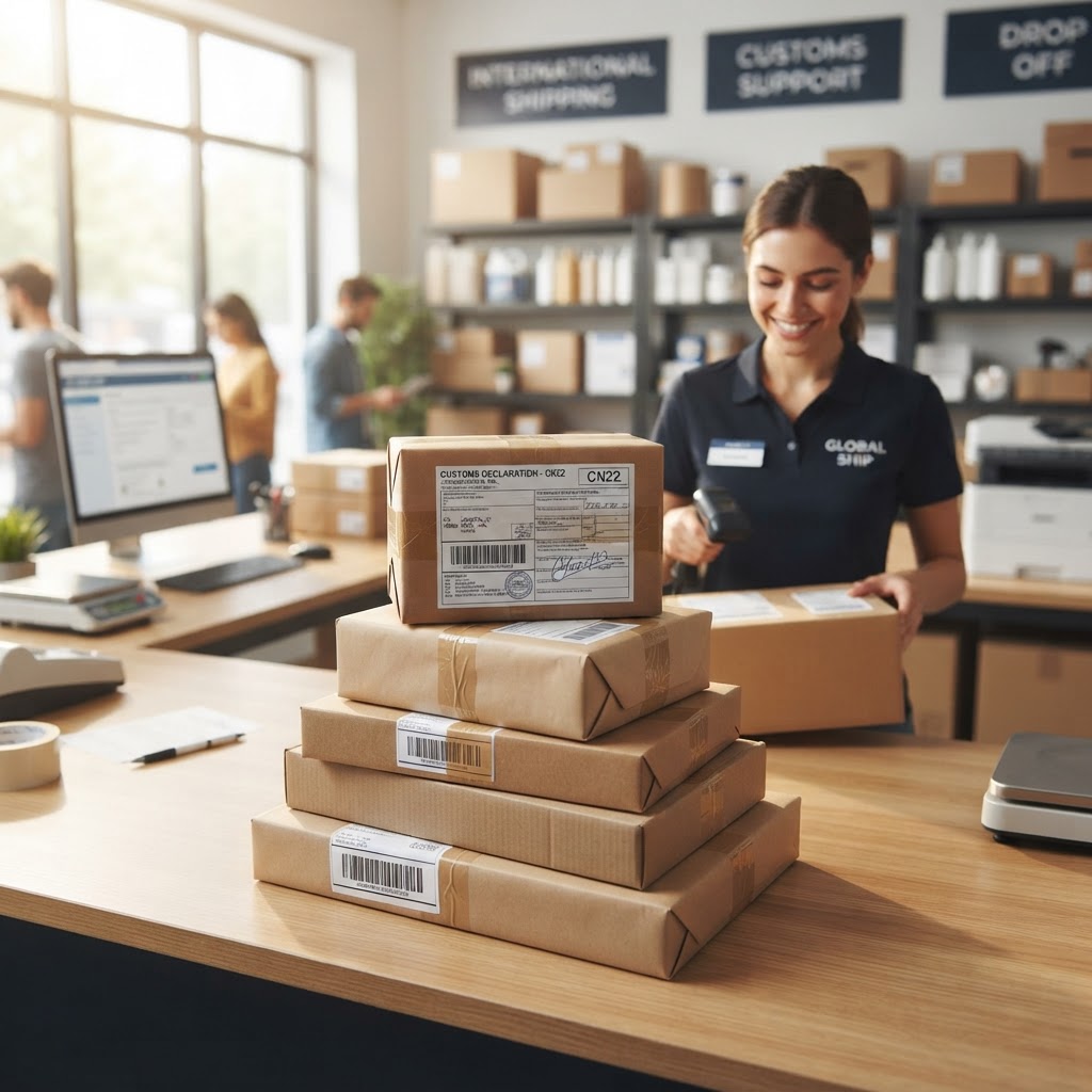International packages with customs declaration forms at a shipping counter