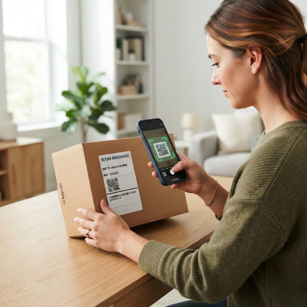 Person scanning a QR code on a return shipping label with a smartphone