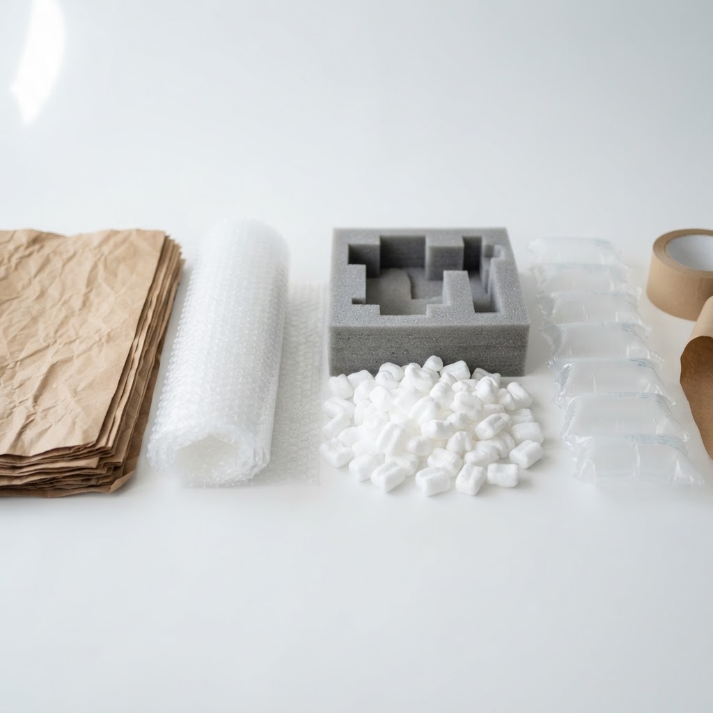 Assortment of packing materials including bubble wrap, foam inserts, and packing paper