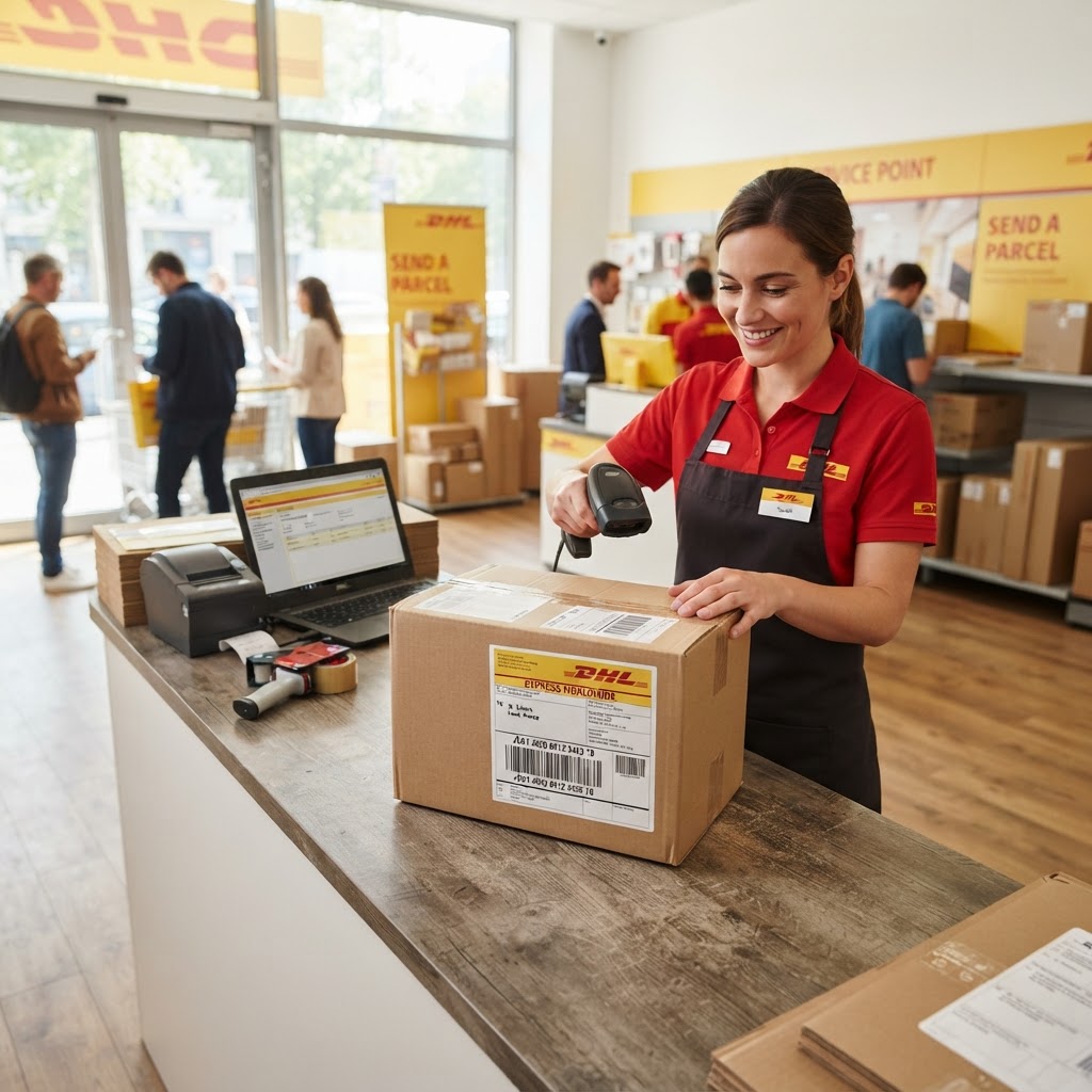 International package with DHL shipping labels being processed at a shipping counter