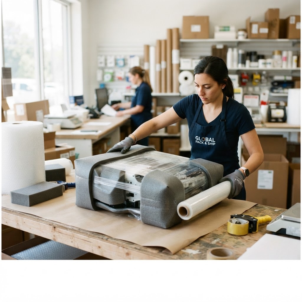 Large bulky item being professionally packaged with foam and stretch wrap