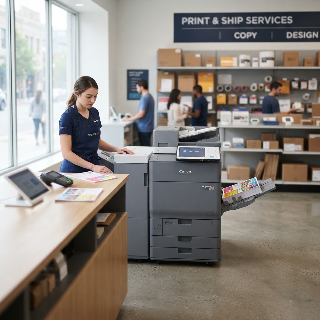 Professional color printer producing documents in a shipping and printing services store