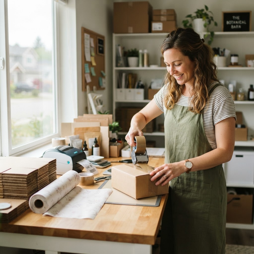 Small business owner packing shipping orders at a workstation