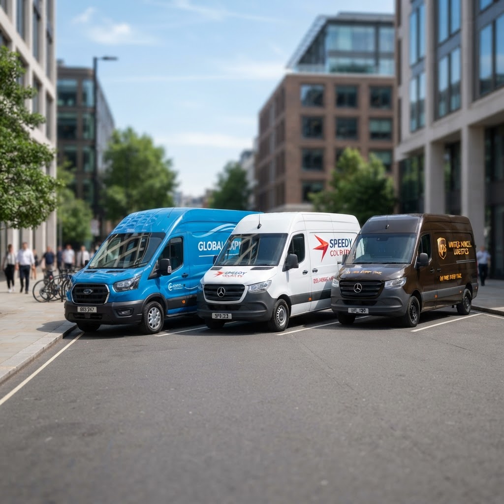 Three delivery vans parked side by side representing different shipping carriers