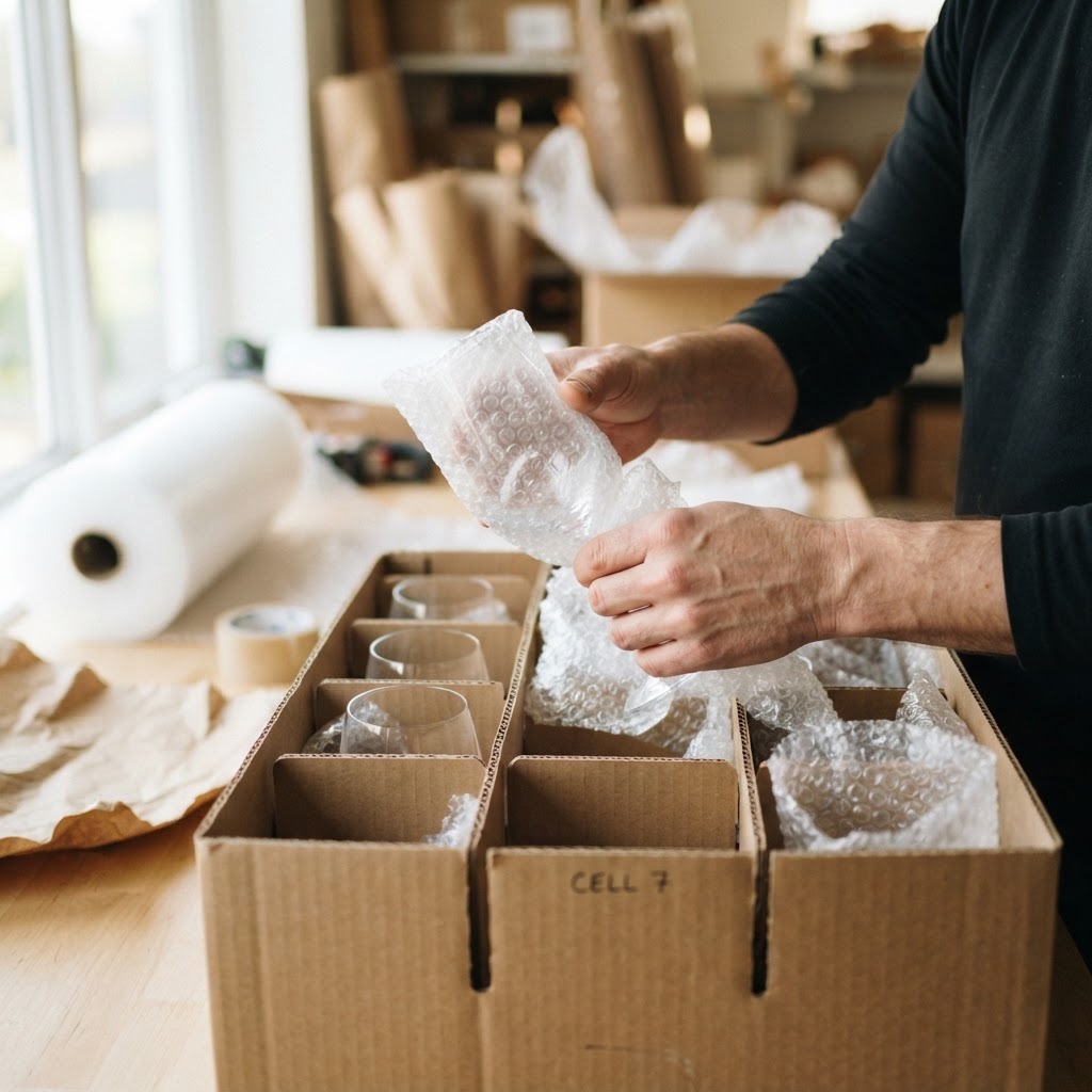 Hands wrapping glassware in bubble wrap inside a divided cell box