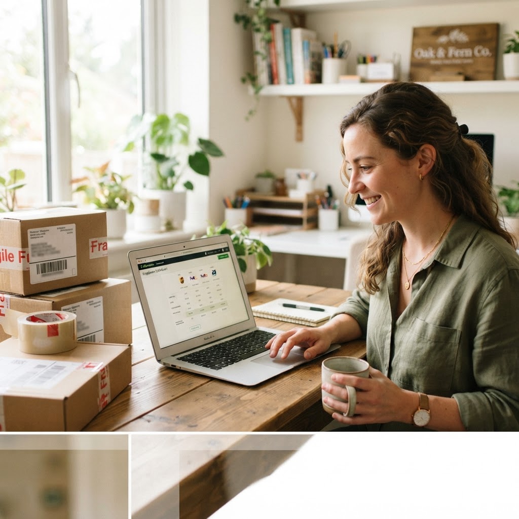 Small-business seller comparing shipping rates on a laptop