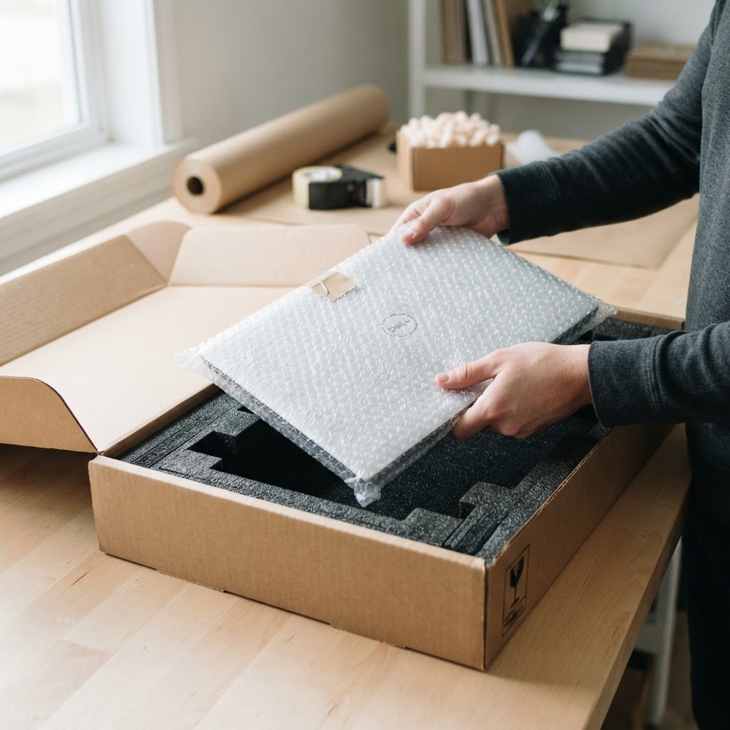 Laptop being packed inside a box with anti-static bubble wrap and foam cushioning