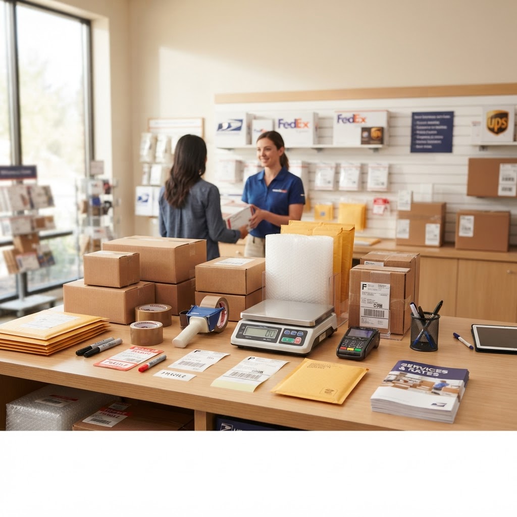 Variety of shipping supplies and services displayed at a modern shipping counter