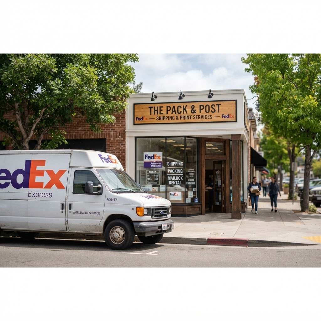 FedEx delivery truck parked in front of a small shipping store
