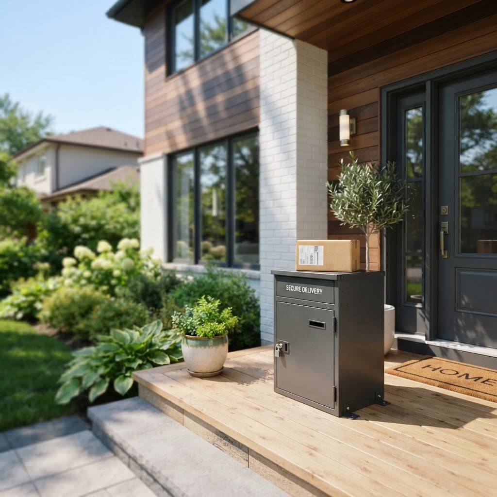 Secure locked package delivery box on a residential porch