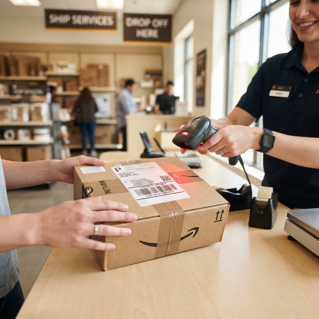 Return package with a printed return label being processed at a shipping counter