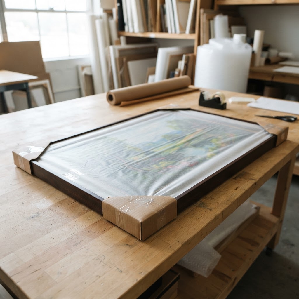 Framed painting with cardboard corner protectors and glassine paper wrapping