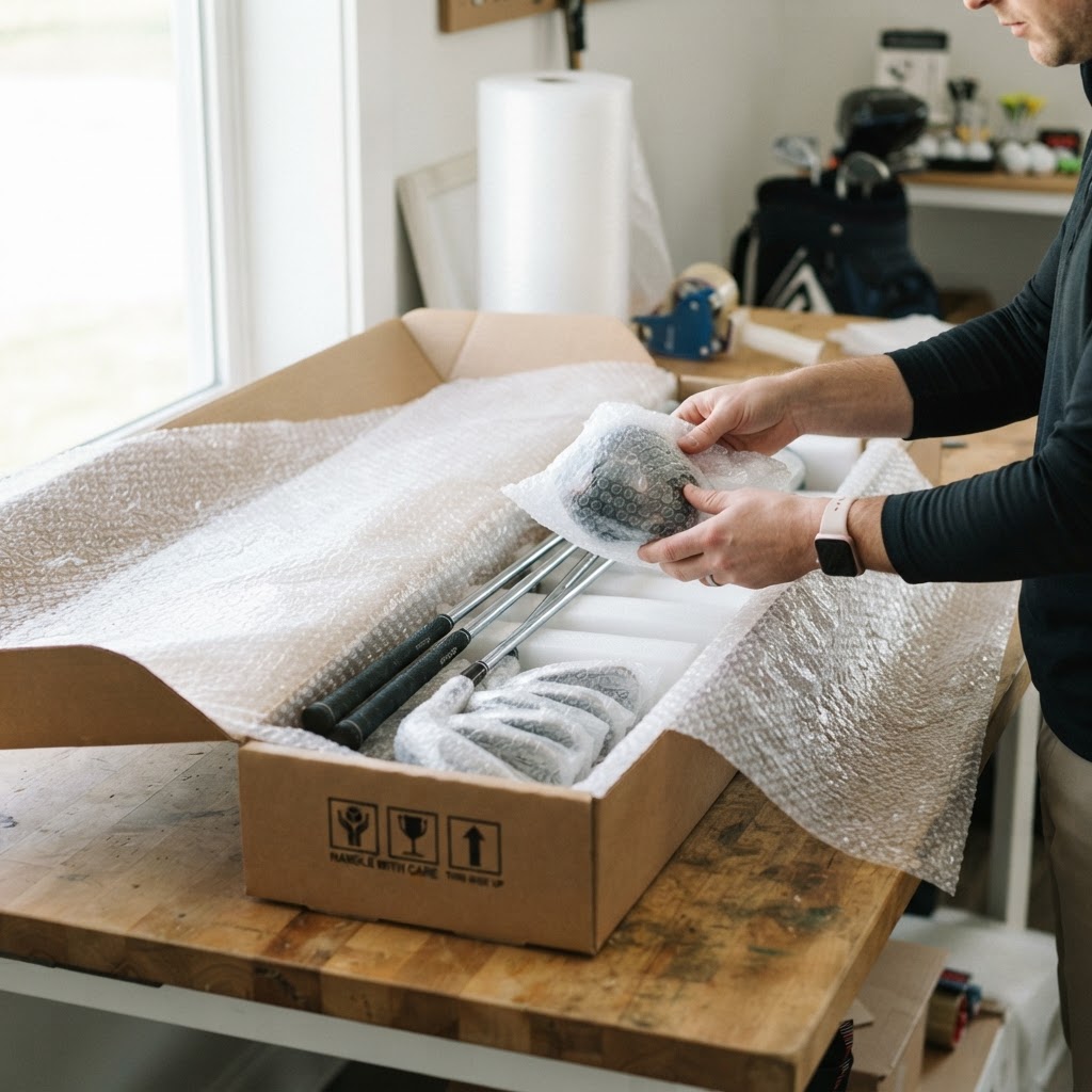 Golf clubs being packed into a long shipping box with bubble wrap cushioning