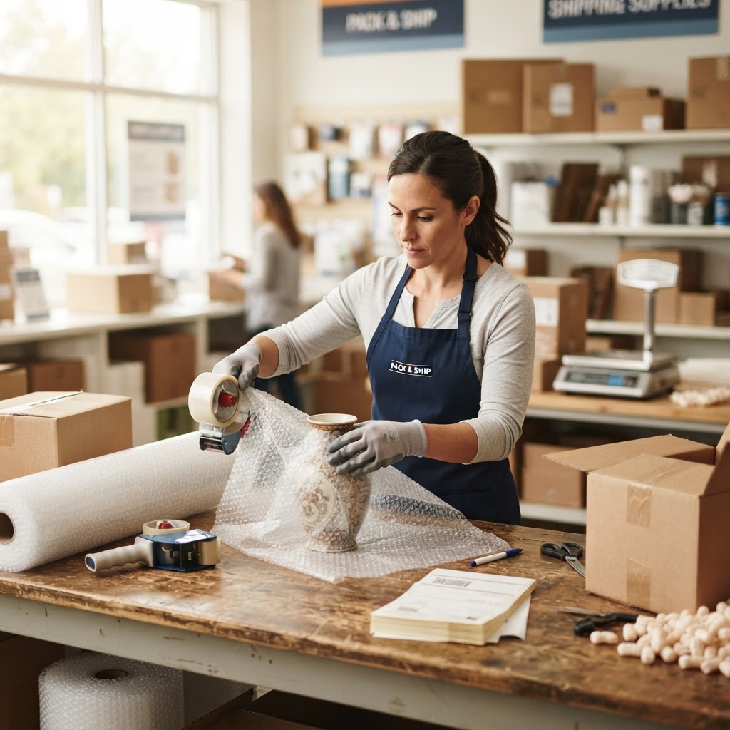Professional packer wrapping an item with bubble wrap at a shipping counter