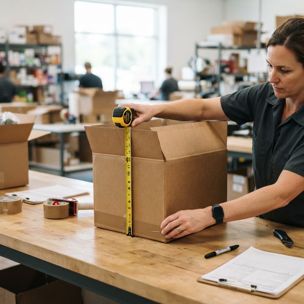 Custom-sized corrugated box being assembled and measured