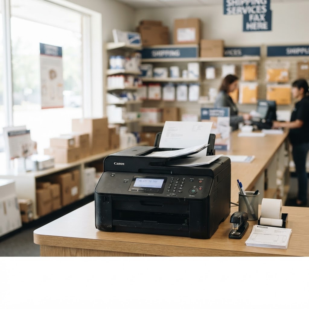 Modern fax machine in a clean shipping and office services store