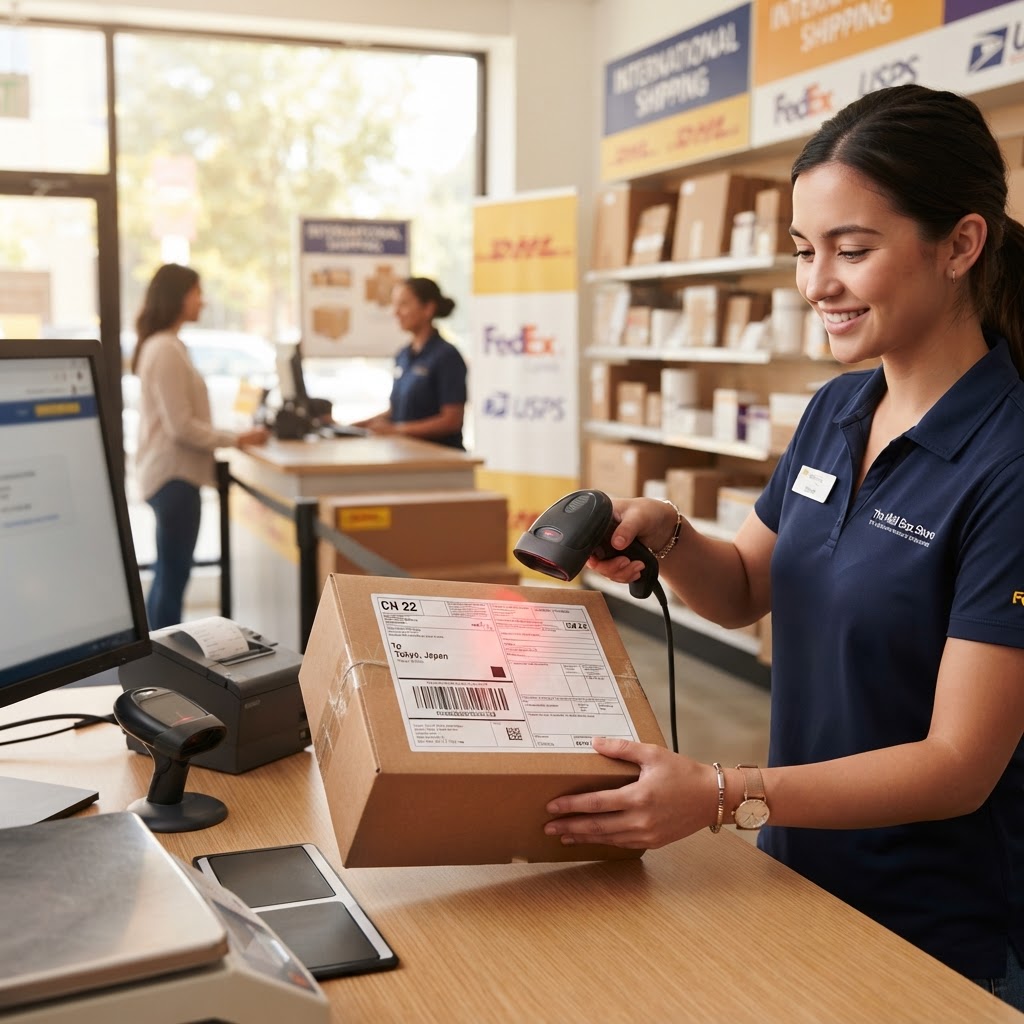 International parcel with customs forms being scanned at a shipping counter