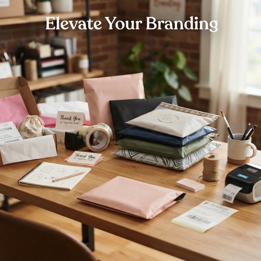 Selection of colorful poly mailers and packing supplies on a clean wooden desk