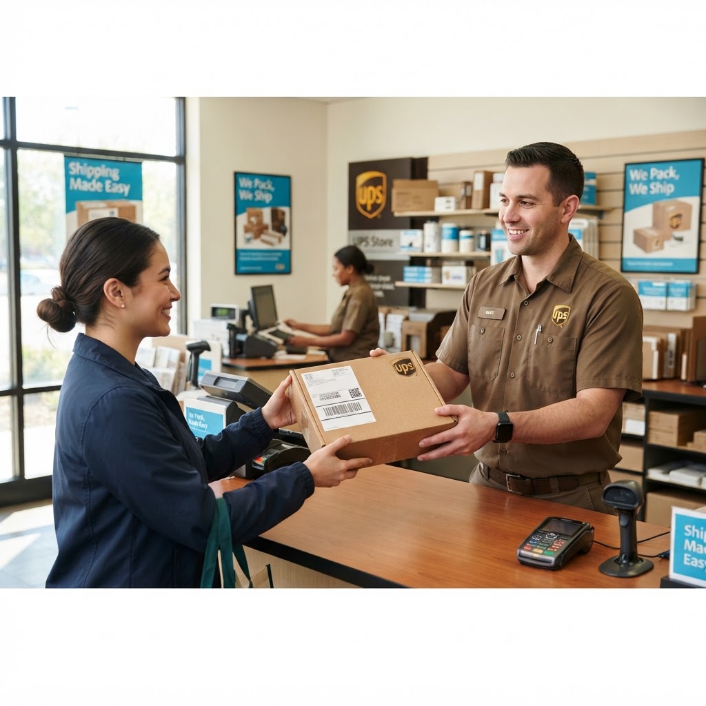 UPS package being handed across a shipping counter to a customer