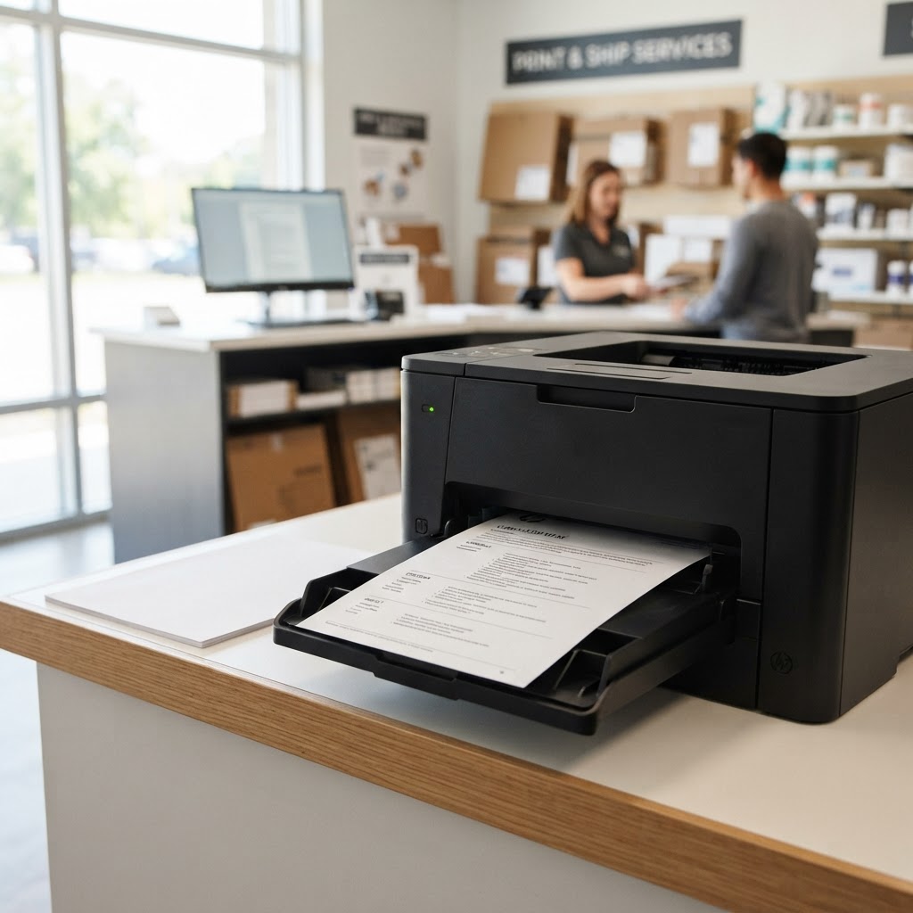 Professional resume document being printed in a shipping and printing services store
