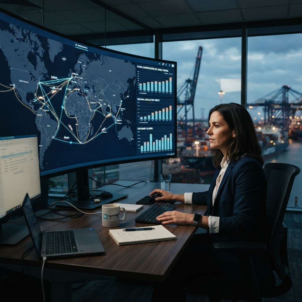 A professional logistics analyst reviewing shipping rate charts and global maps on a digital screen.