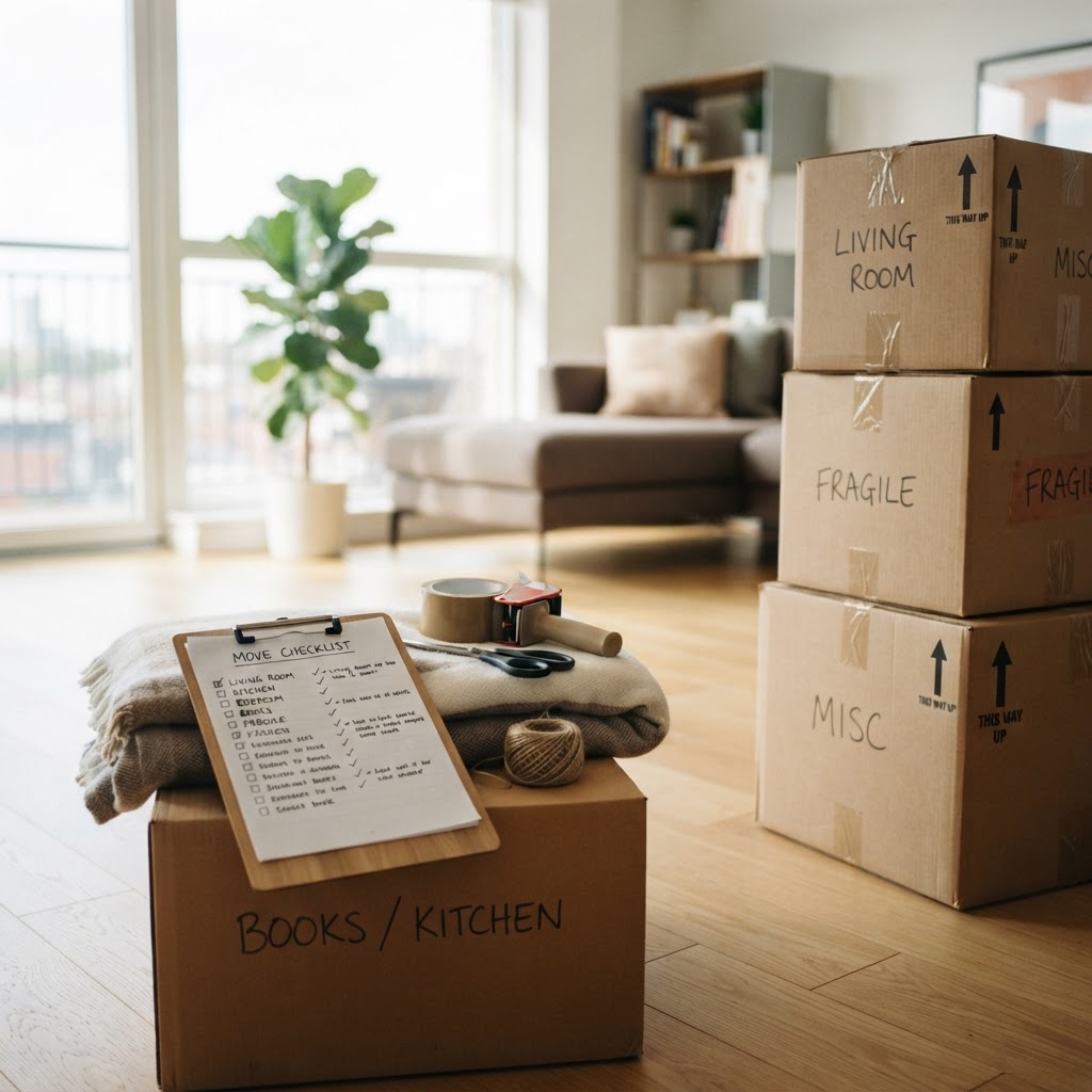 Moving boxes with a checklist and packing supplies