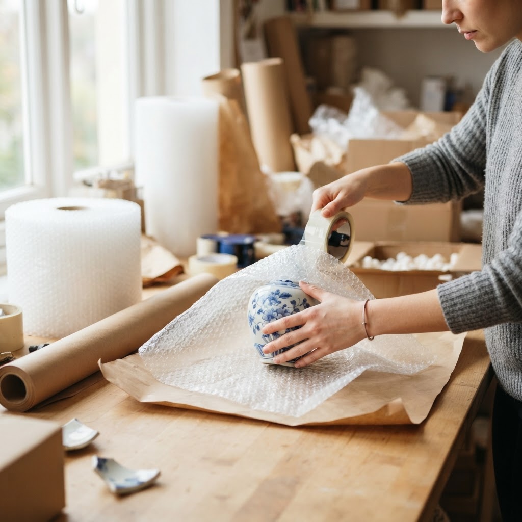Fragile ceramic item being wrapped with bubble wrap and packing paper