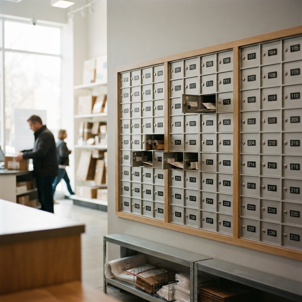 Wall of private mailboxes with numbered compartments in a shipping store