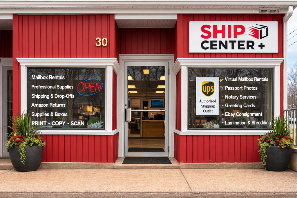 Ship Center Plus shipping and business service center storefront at 30 Main Street Netcong NJ