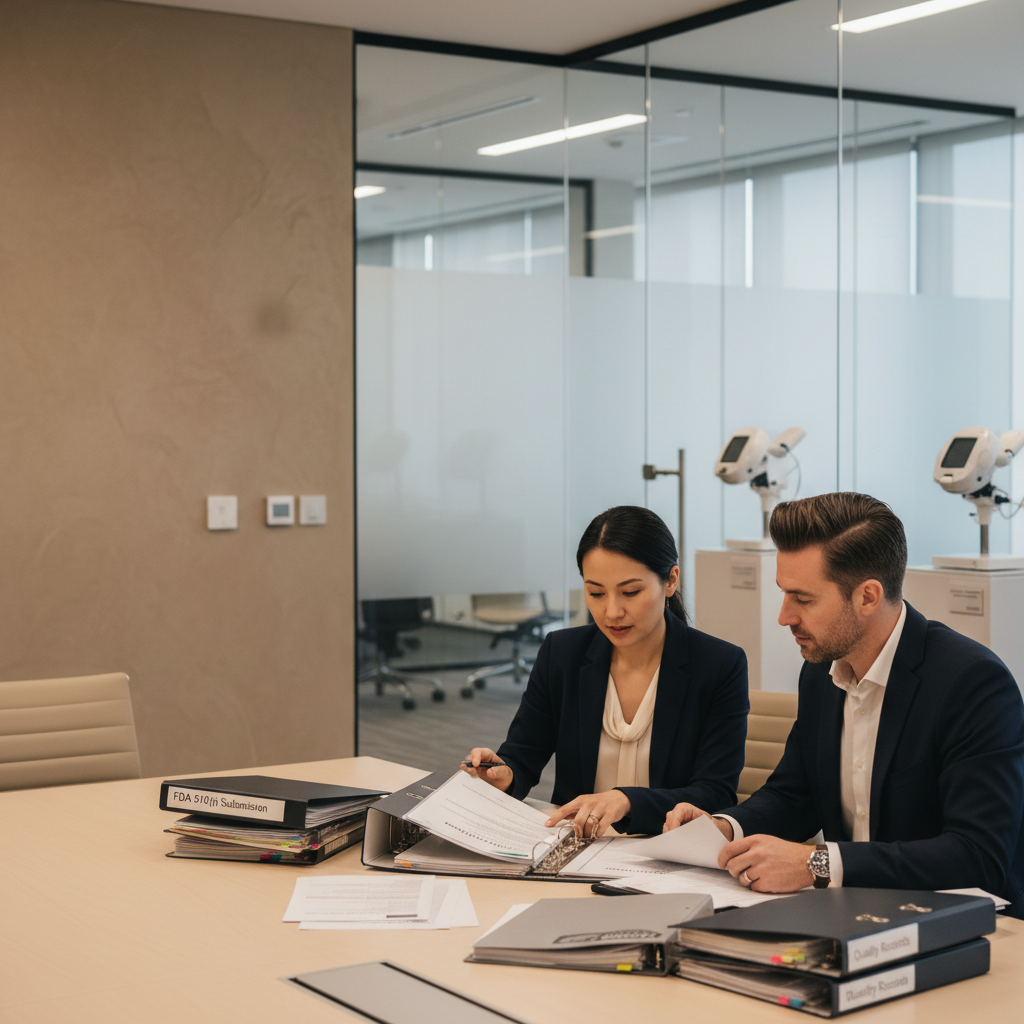 Regulatory and quality professionals reviewing medical device compliance documentation