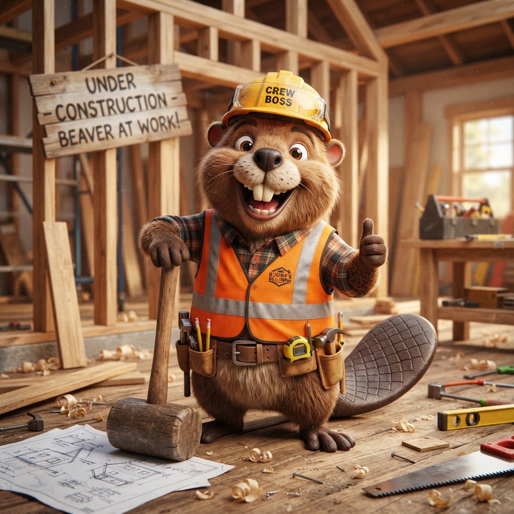 A goofy beaver construction worker gives a thumbs up while building the Referral Portal
