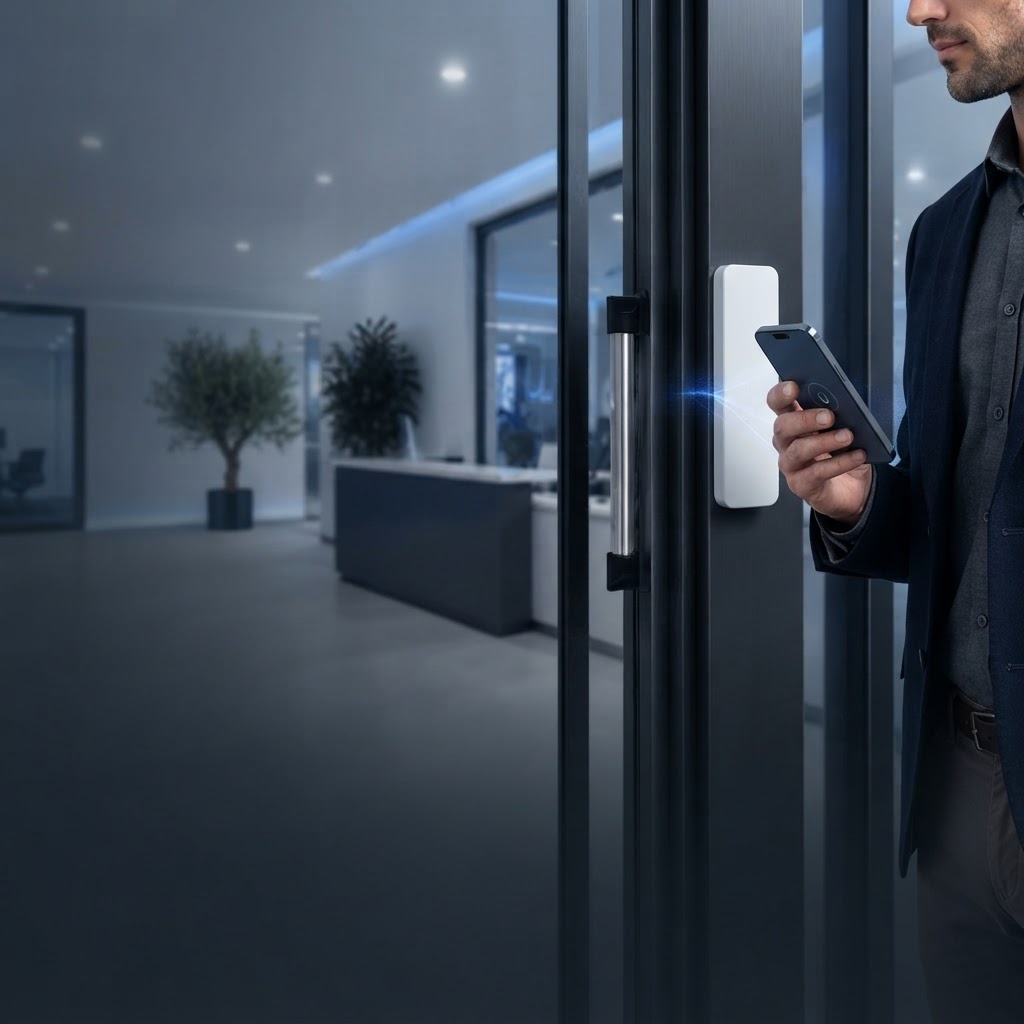 Phone unlocking a glass office door with a wireless access reader