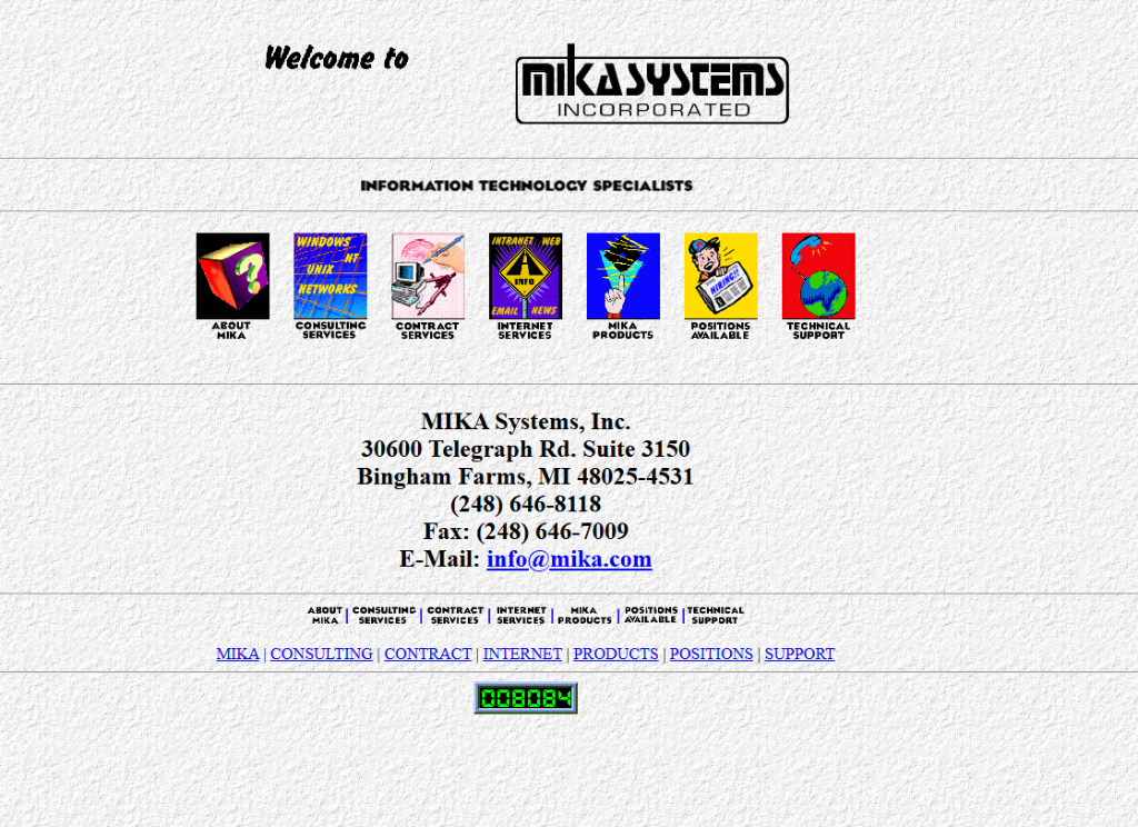 Original MIKA Systems branding - Early web presence with retro 90s aesthetic and textured background. Features colorful service icons typical of mid-90s web design.