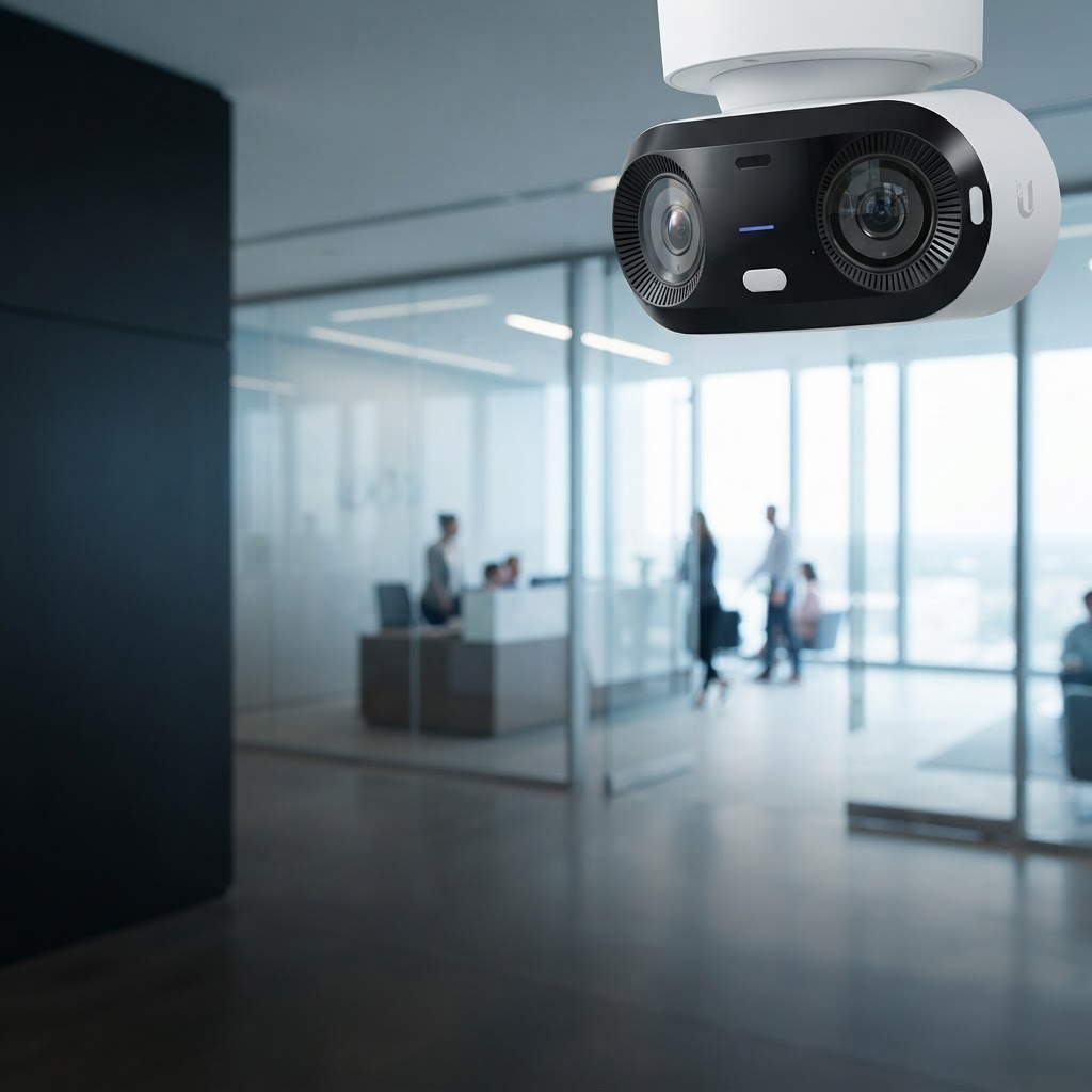 Security camera mounted in a modern office lobby
