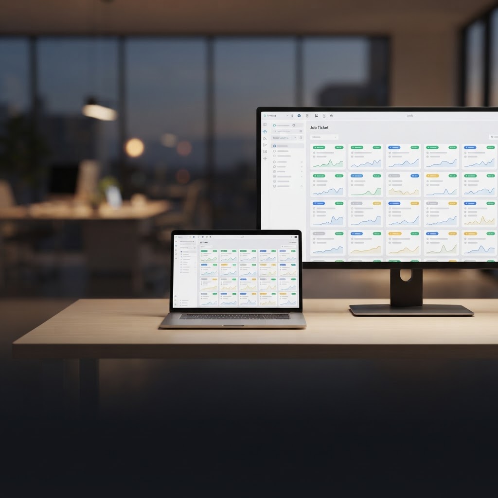 Custom business application dashboard on a laptop and monitor