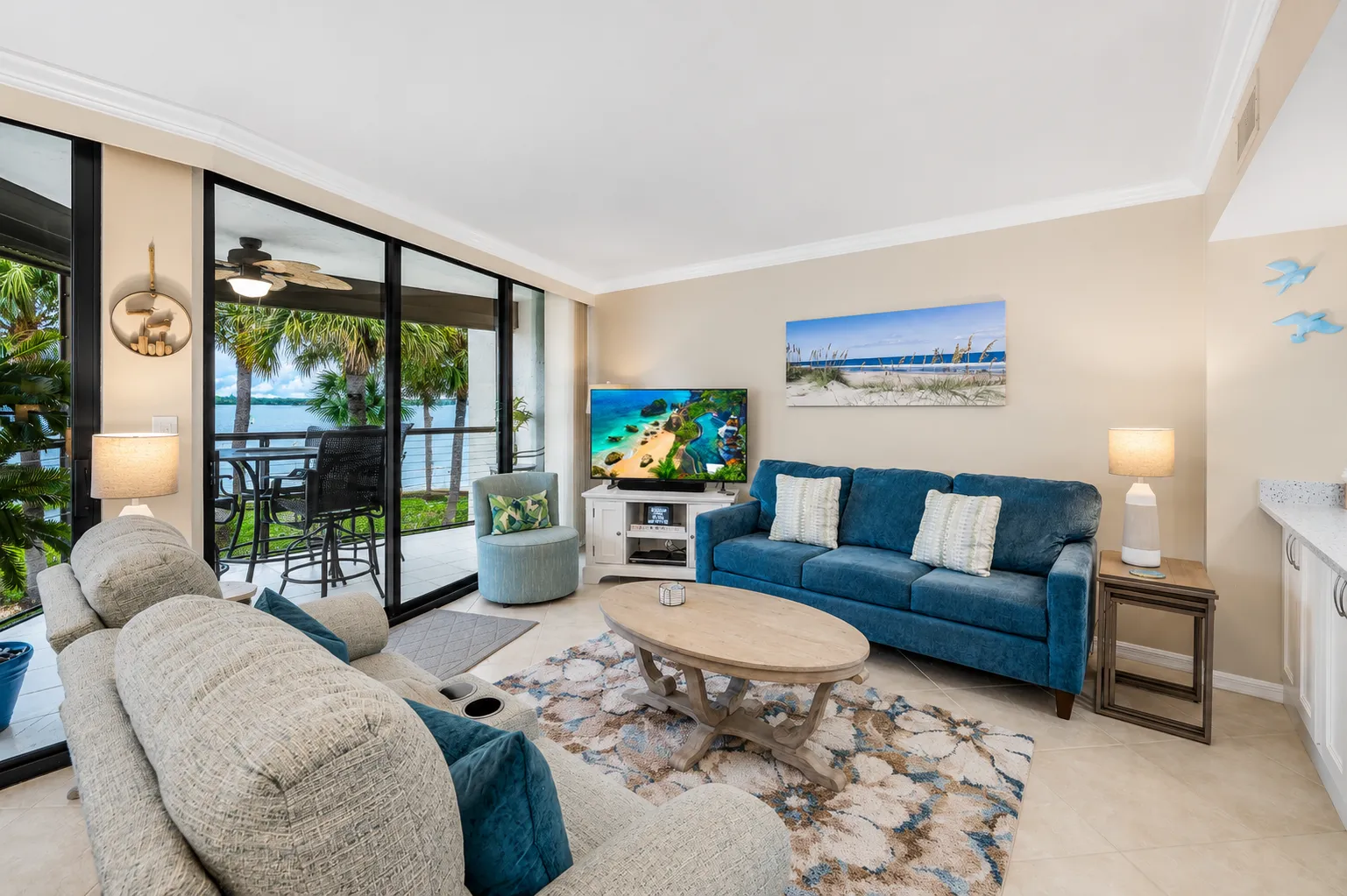 Living room with waterfront views