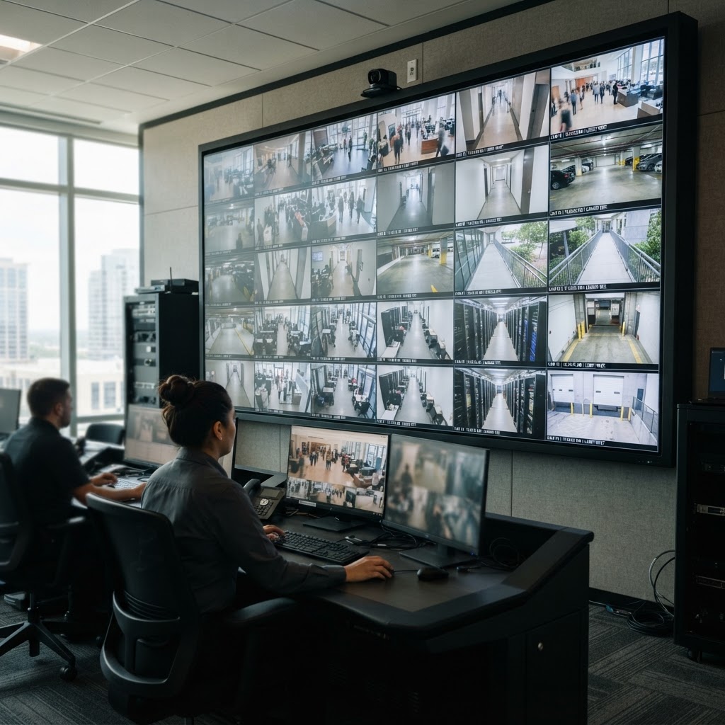 Multiple live video surveillance feeds display clearly on a high-definition monitor following successful software credential authentication.
