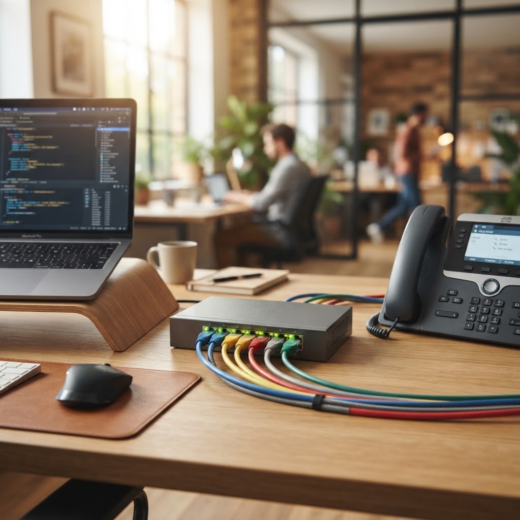 Compact Ethernet switch with multiple cables plugged in sits on an office desk near a laptop.