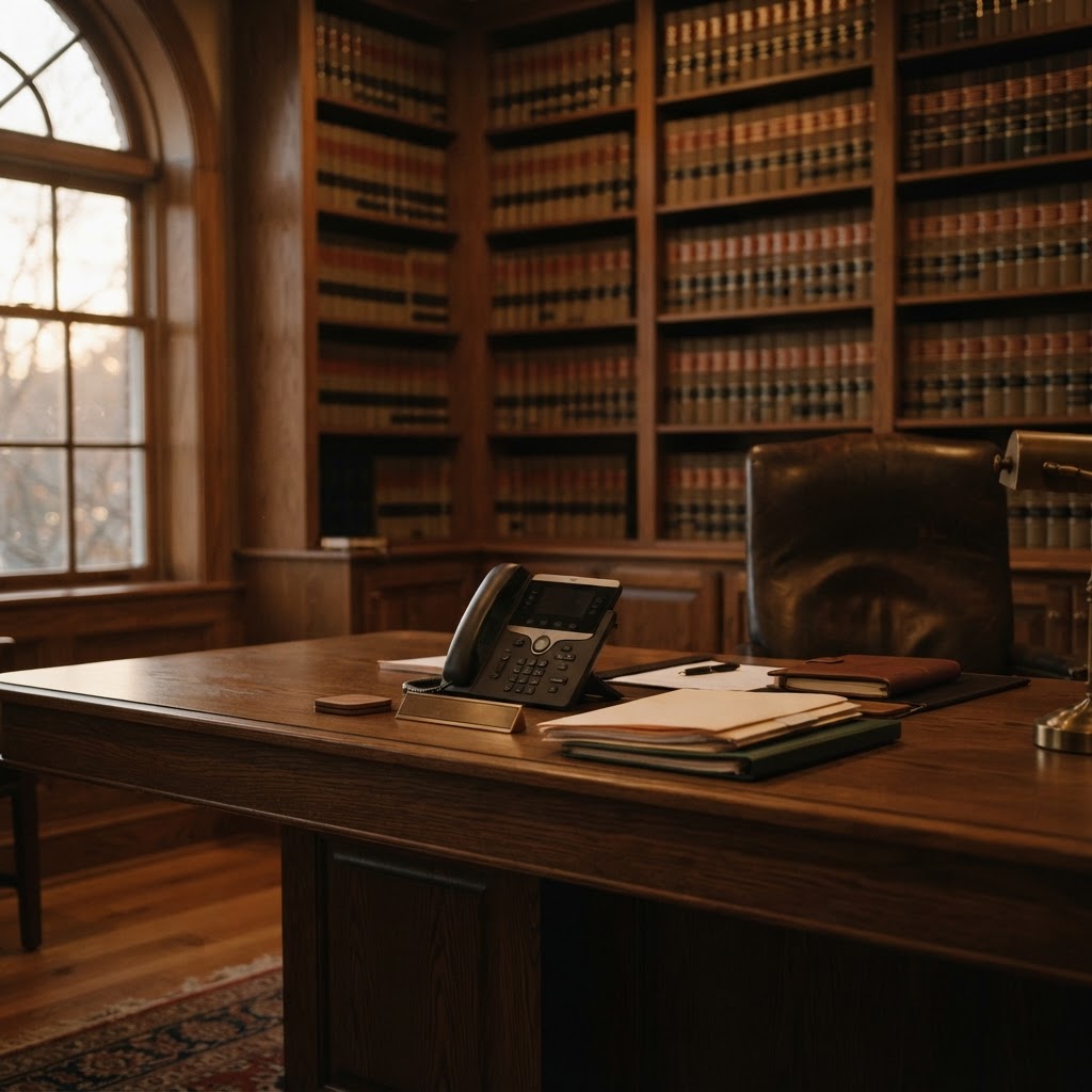 Desk phone and case files on the desk of a quiet law office