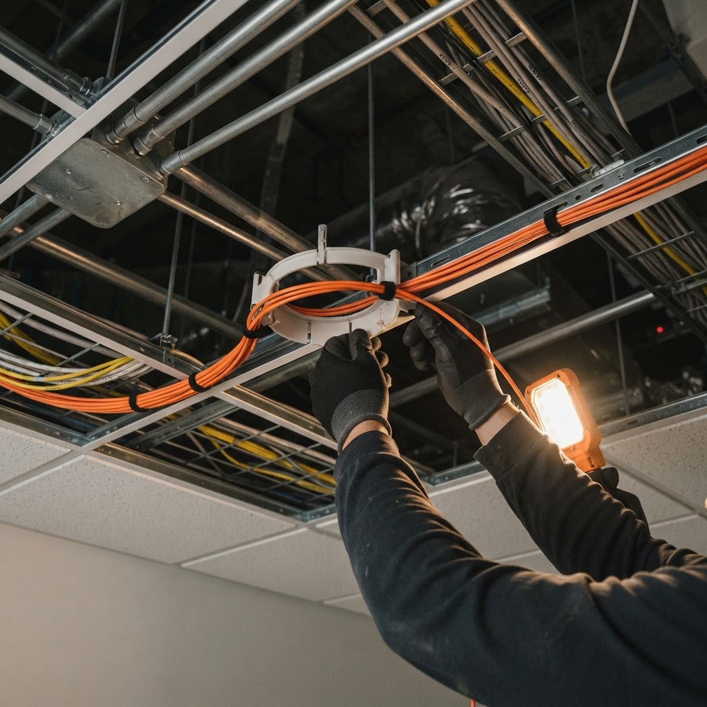 Worker installing fiber optic cable while carefully maintaining a proper bend radius to prevent glass breakage.