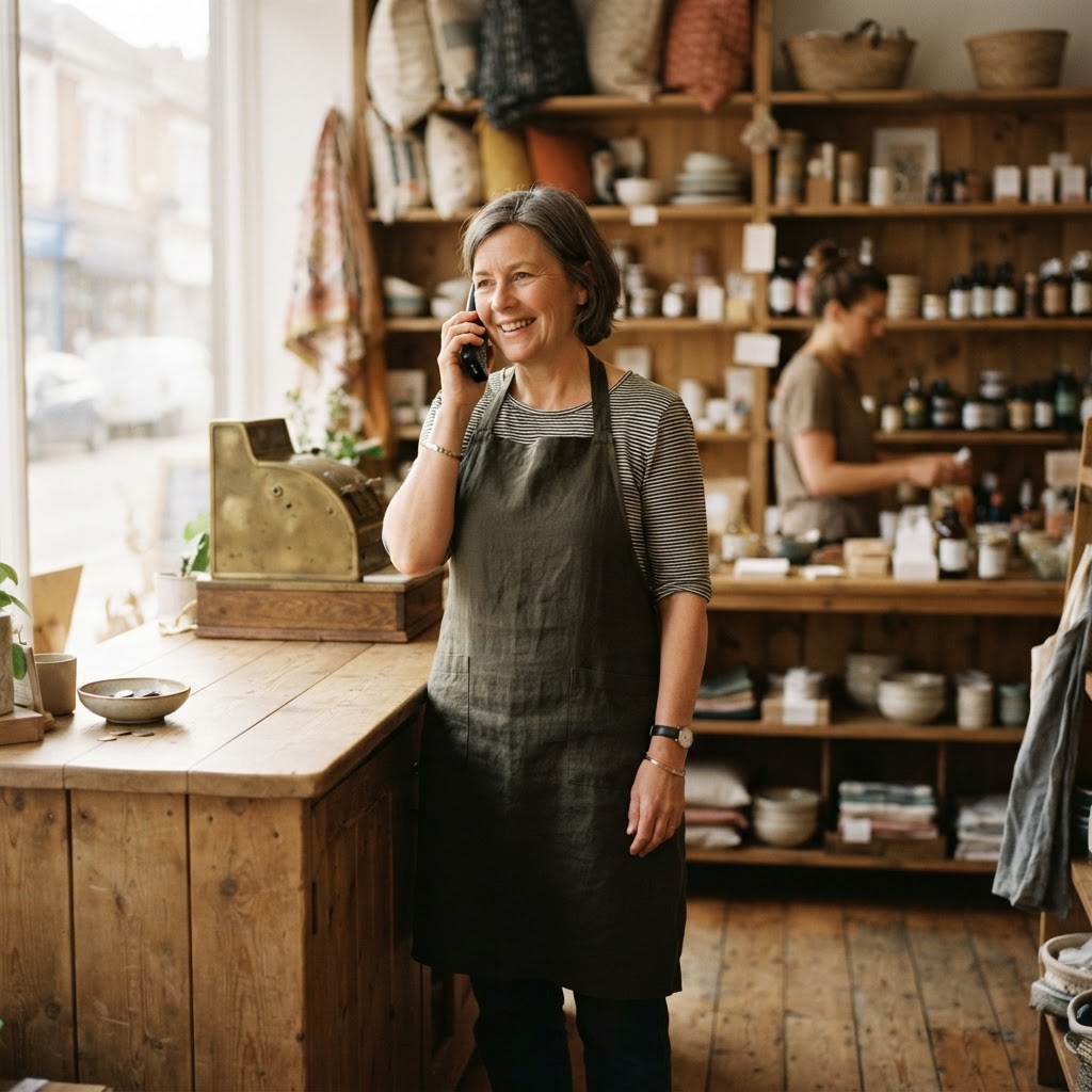 Owner of a small shop answering a cordless phone behind the counter