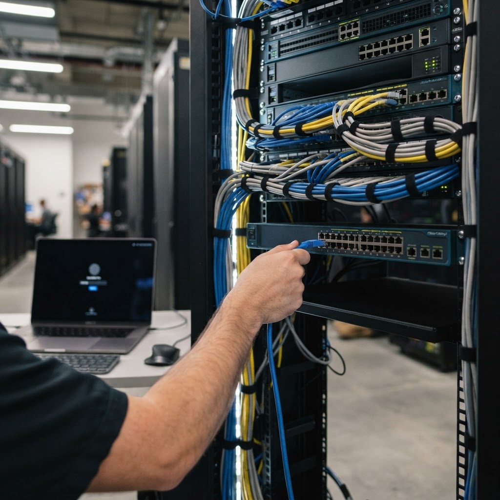 Technician plugging an Ethernet cable into a network switch in a clean, organized server rack installation.