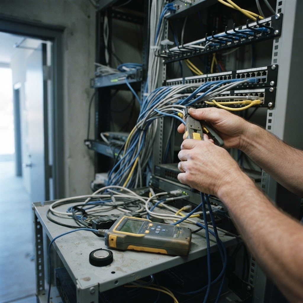 Technician terminating network cables into a patch panel during a phone system installation