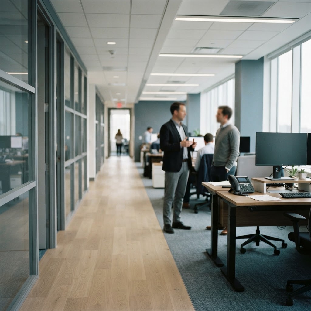 Colleagues talking beside a desk with a phone in a professional services office