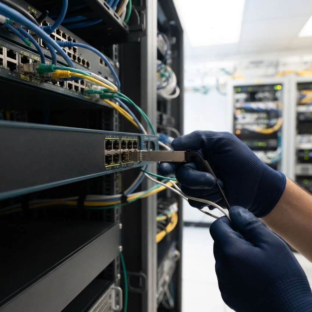 A technician sliding a metal transceiver module into a switch port to enable fiber optic networking connectivity.